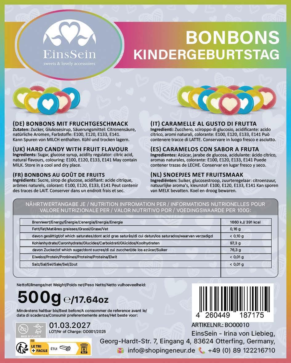 EinsSein Herzbonbons bunt 5 kg | Handgemachte Rocks Bonbons | Süßigkeiten & Gastgeschenke für Kindergeburtstag Ostern Taufe Kommunion Konfirmation Jugendweihe | Mitgebsel & essbare Tischdeko