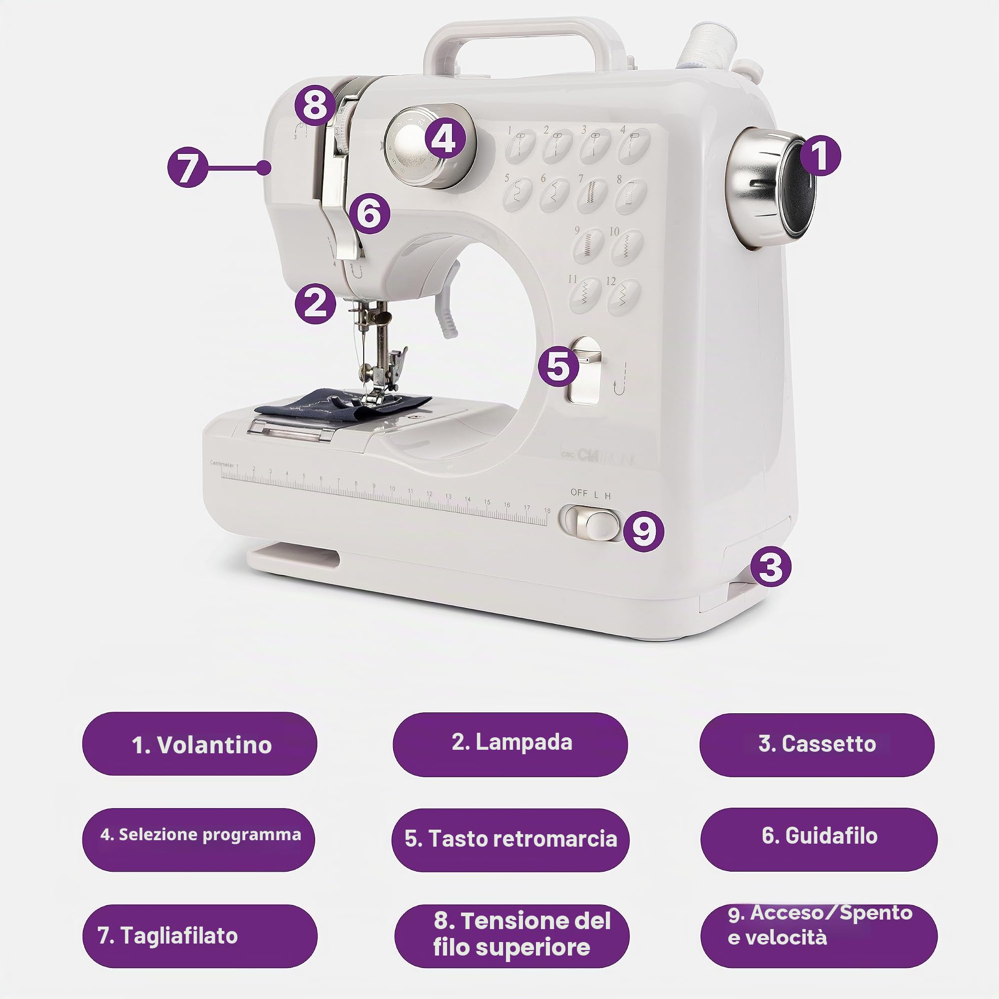 Clatronic Macchina da cucire per principianti con 12 punti | Sewing Machine con funzione di cucitura avanti e indietro e 2 livelli di velocità, con funzionamento a batteria o a rete e luce LED