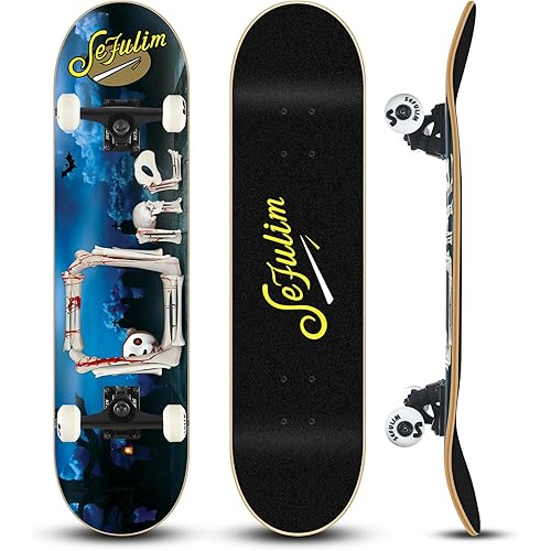 Sefulim 31 x 8 Inch Complete Skateboard 7 Layer Canadian Maple Double Kick Deck Concave Cruiser Trick Skateboard for Boys Girls Teens Adults Beginner