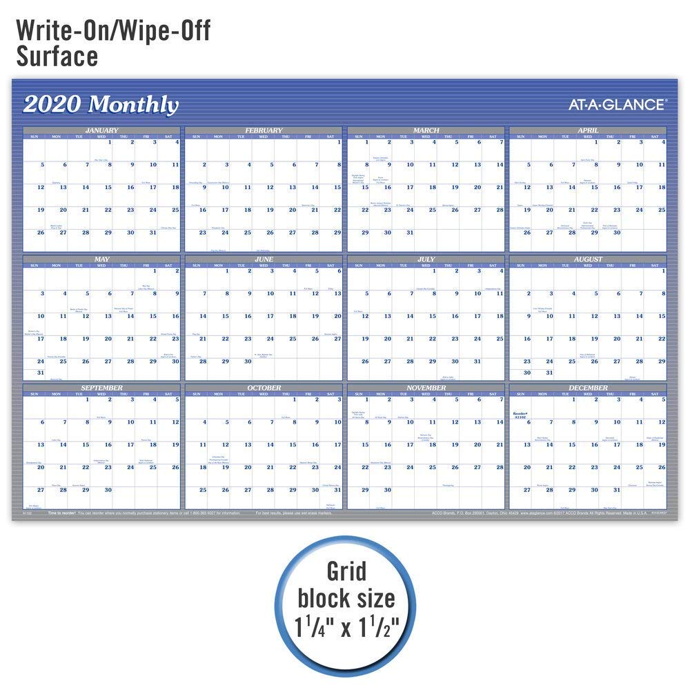 AT-A-GLANCE 2021 löschbarer Kalender, trocken abwischbar, 91,4 x 61 cm, groß, vertikal/horizontal, wendbar, Blau (A1102-21)