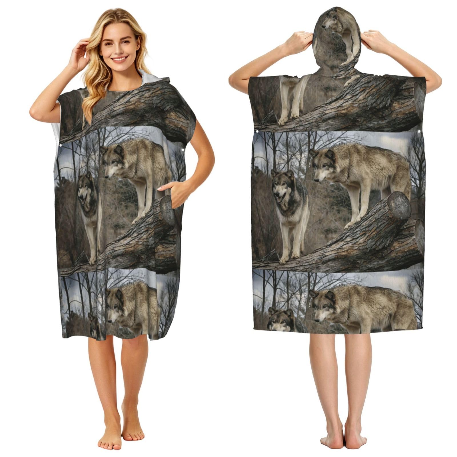Poadnly Wolf Printed, Adult Hooded Beach Towel 90 x 110 cm,Changing Bath Robe, Surf Poncho Towel For Women Men