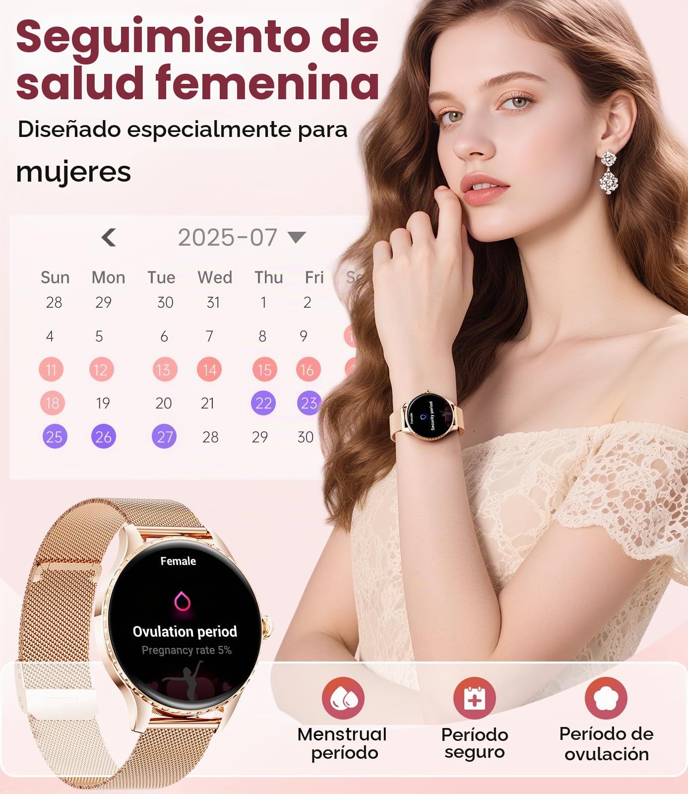 Reloj Inteligente Mujer Ultrafino 7,99 mm, 1.32" AMOLED Smartwatch con Ciclo Menstrual/Frecuencia Cardíaca/Sueño Monitor para Android/iOS, IP68 Impermeable, 270+ Esfera, Oro Rosa