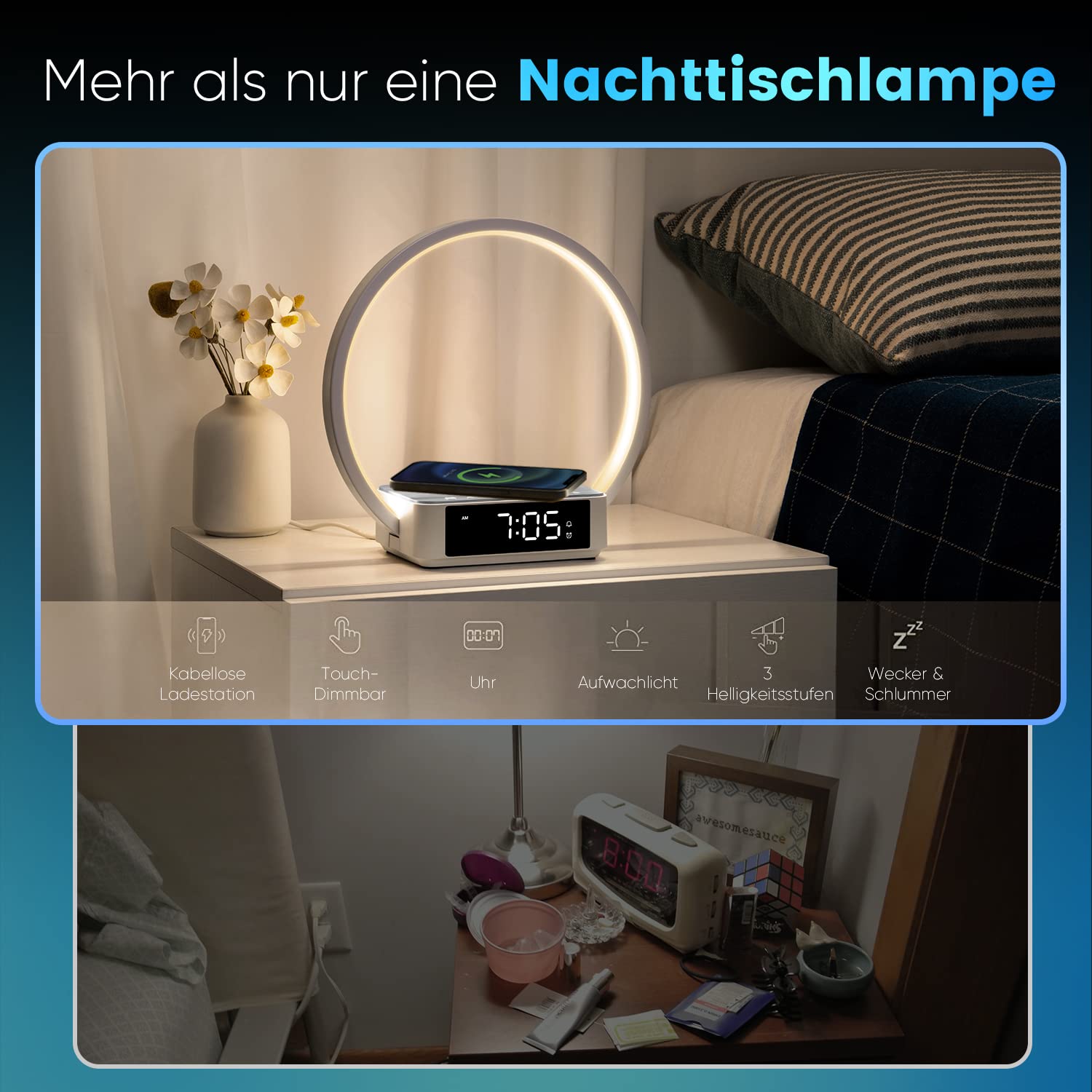 WILIT LED Nachttischlampe mit Ladefunktion 18W, Lichtwecker mit Uhr, Nachttischlampen Touch Dimmbar Schlafzimmer mit 3 Helligkeitsstufen, 10W Wireless Charger, Grau
