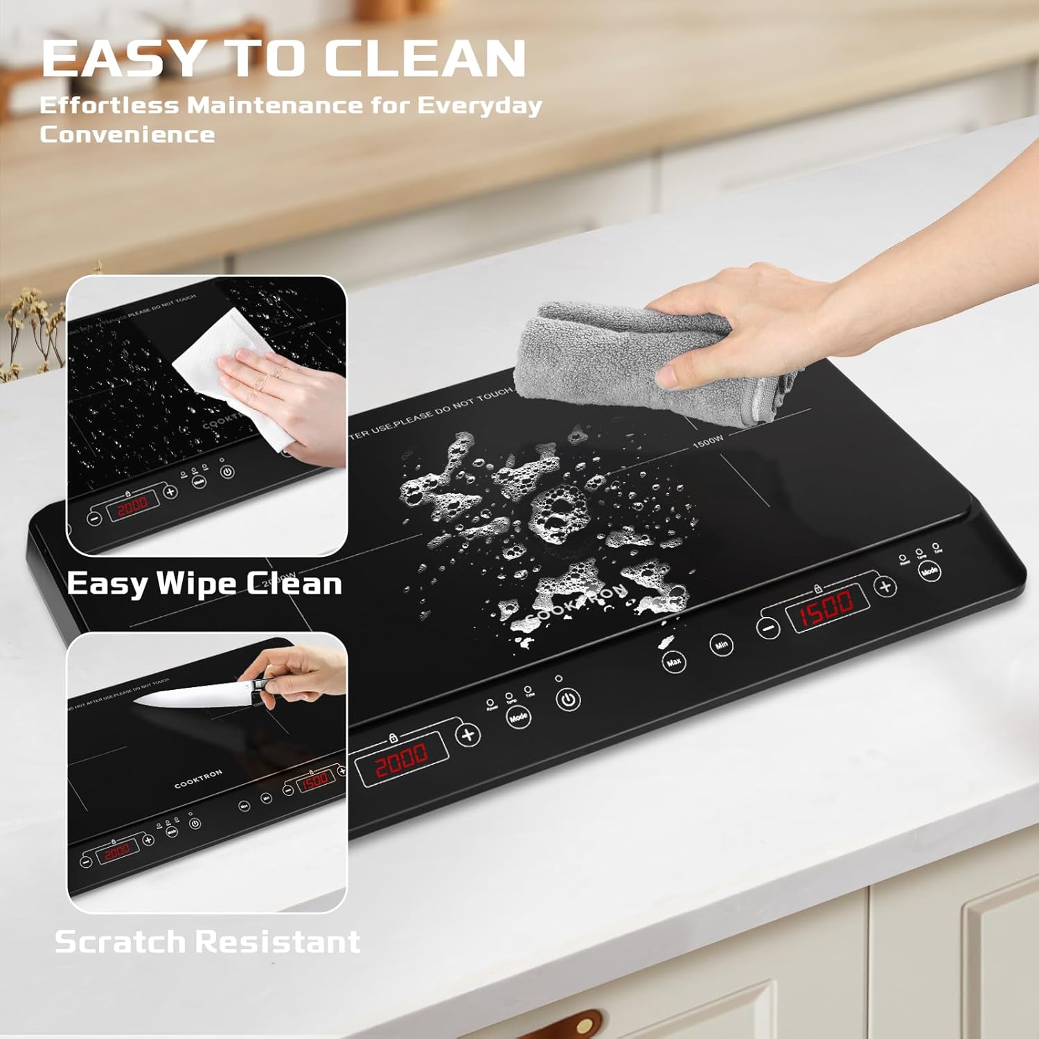 Person cleaning the Cooktron Induction Cooktop with a cloth, demonstrating easy wipe cleaning and scratch-resistant surface.
