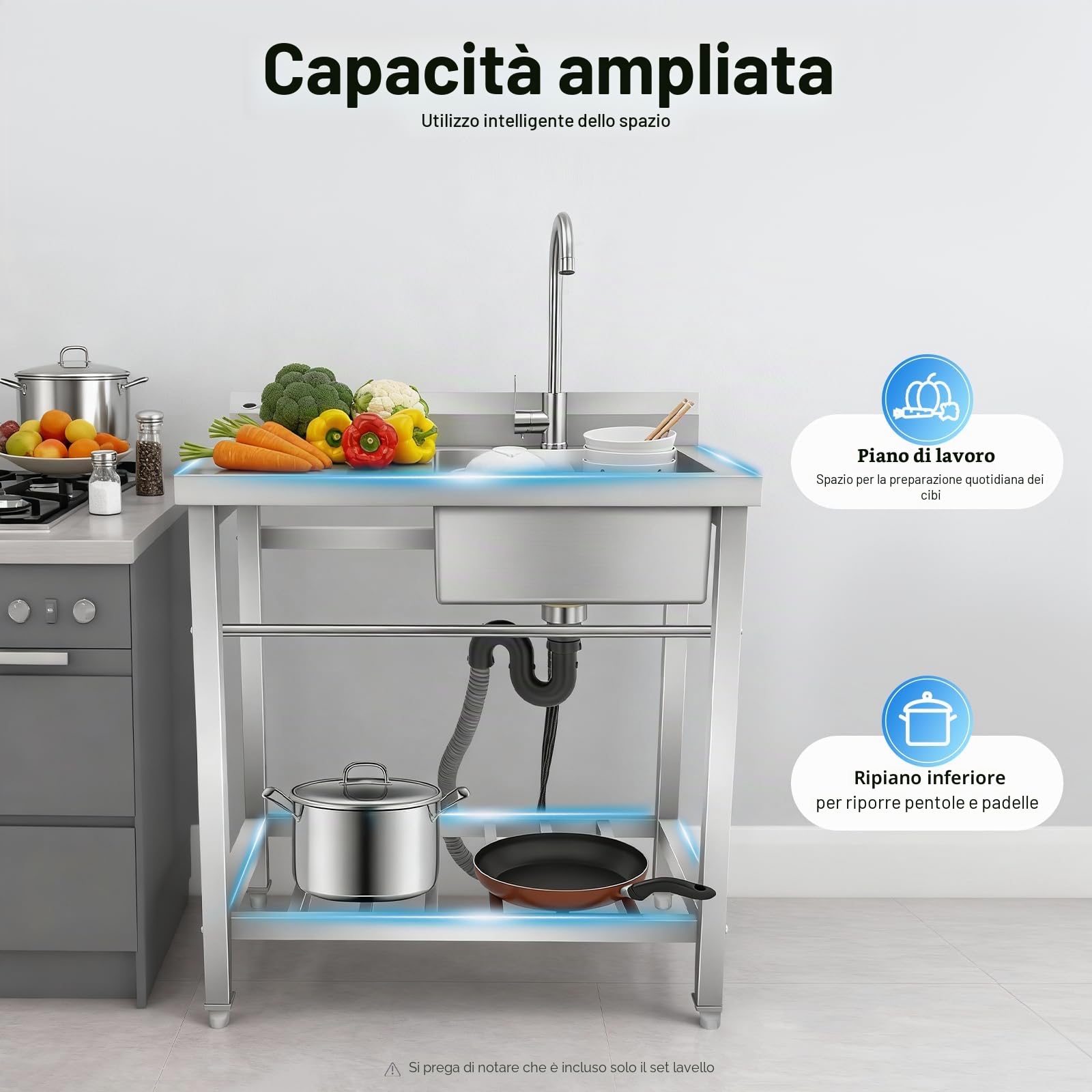 Lavello in acciaio inox, 80 x 55 x 84 cm, autoportante, portata 100 kg, per ristoranti, cucine, lavanderia (lavello destro)
