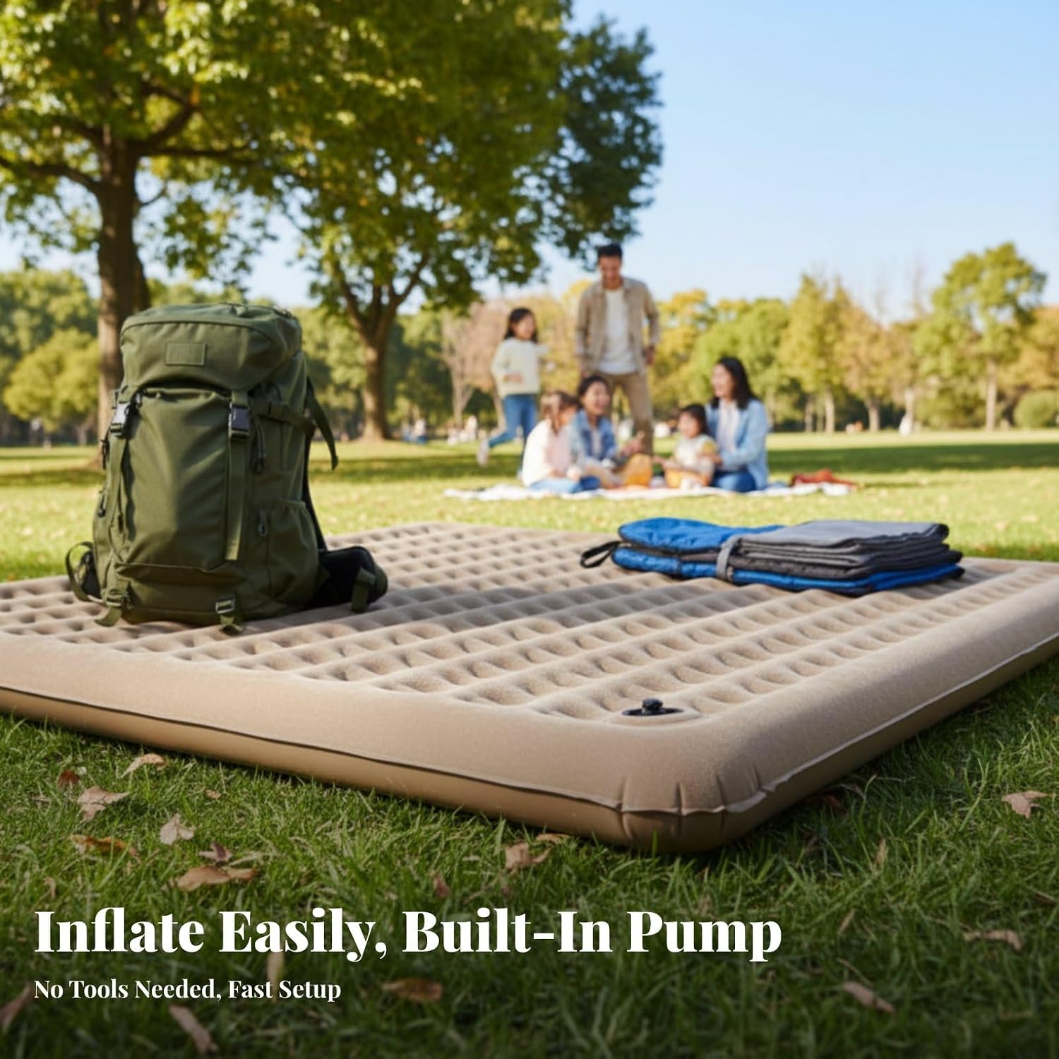 Thickened Inflatable Mattress with Built-in Pump, 2-4 Person Air Bed for Camping, Home, Tent- 1.95 1.9m