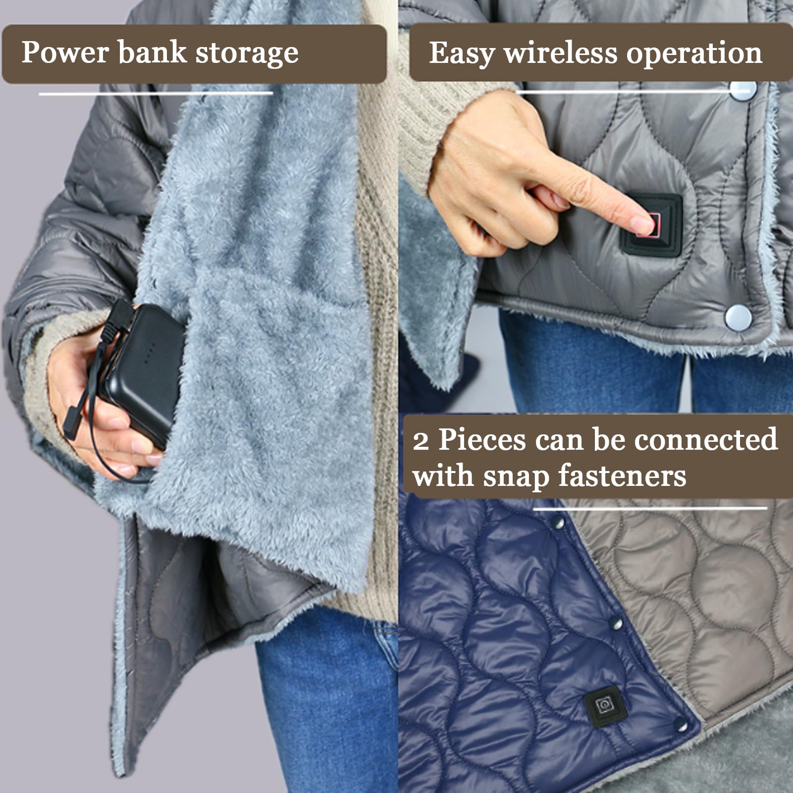 Scialle Riscaldante Elettrico, Coperta Riscaldante Elettrica Portatile Senza Fili 3 Livelli Di Riscaldamento Coperta Lavabile per Freddo Dormire Lavorare Viaggiare Campeggio (Grigio)