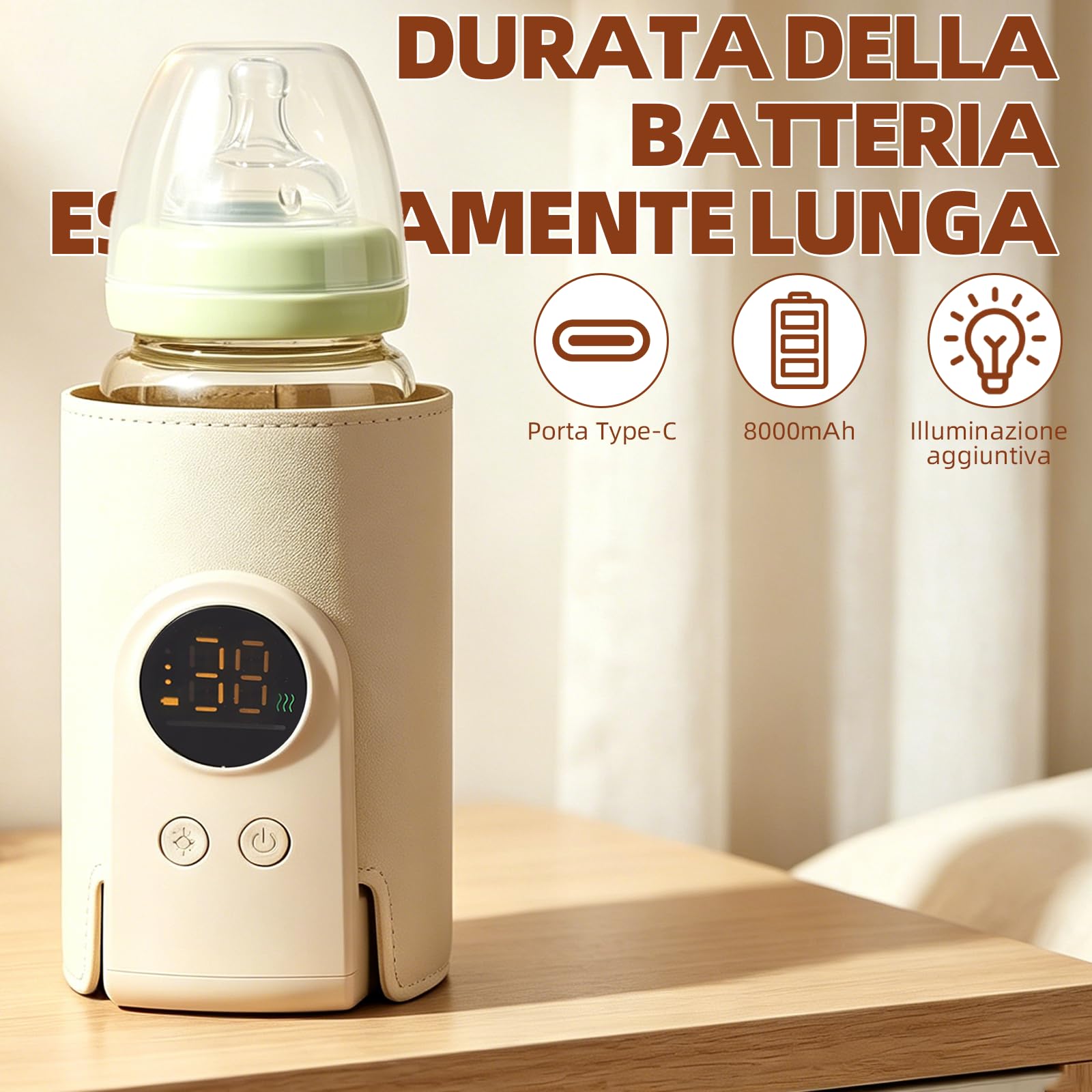 Scaldabiberon portatile con porta USB-C a 6 livelli di regolazione della temperatura (38-50°C), display LCD intelligente, ideale per riscaldare alimenti per neonati e alimenti per bambini. Un must per