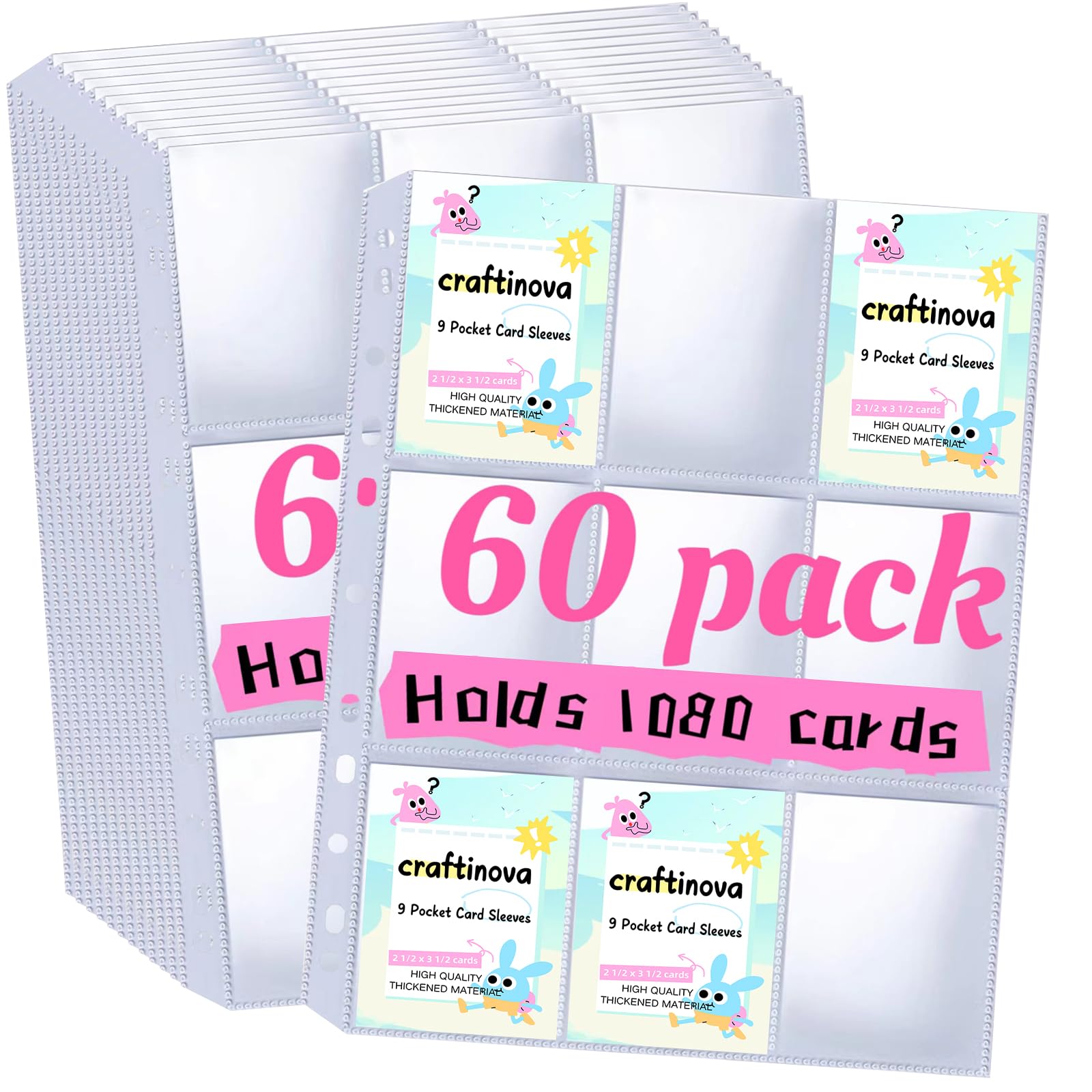 60 Pack 9 Pocket Card Sleeves Binder Sheets，Holds 1080 Cards, Clear Trading Card Sleeve Pages Protector for 3 Ring Binder, Fit for Baseball,Football,Game,Business Cards