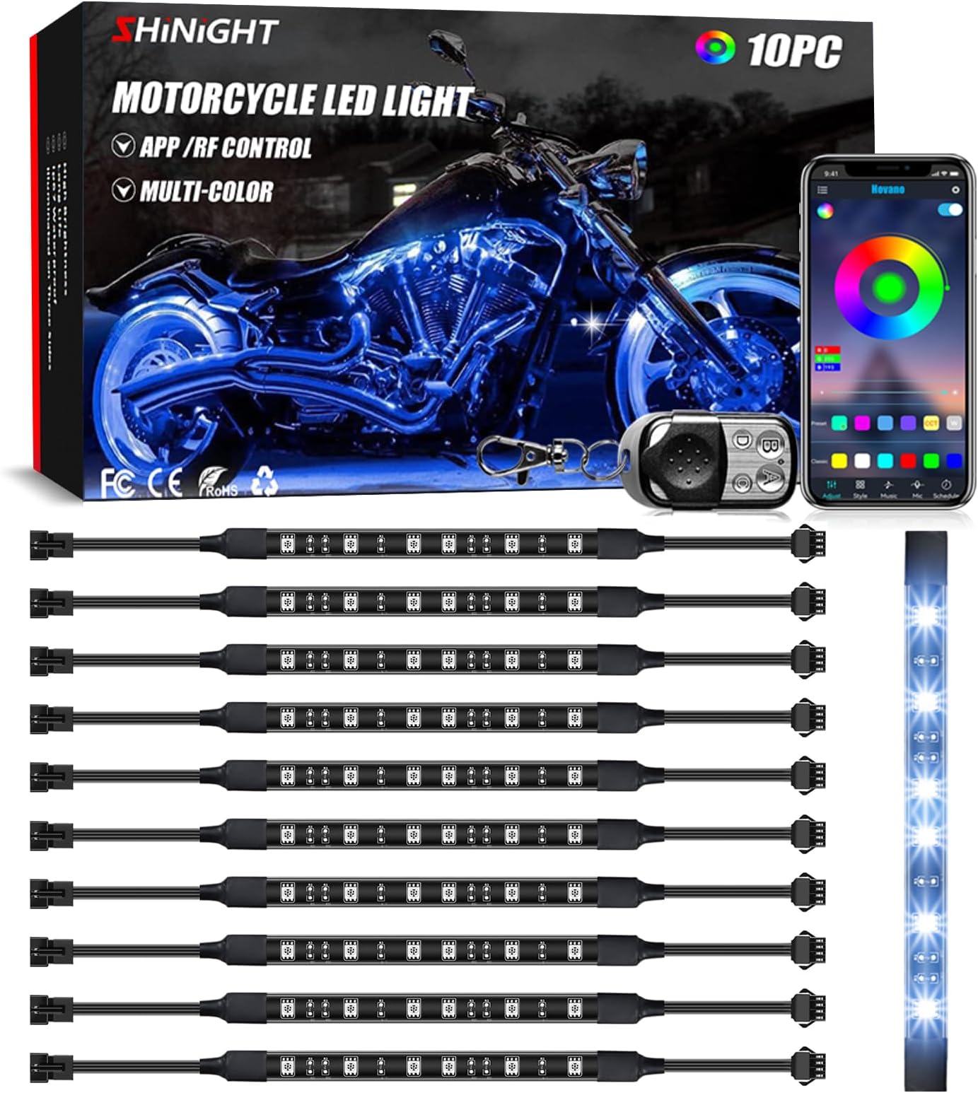 SHINIGHT 10 Pcs Motorcycle LED Light Kits, App Control Multicolor Waterproof Motorcycle LED Strip Lights with RF Remote, Music Sync & Multiple Scene Modes RGB LED Lights for Motorcycles, black