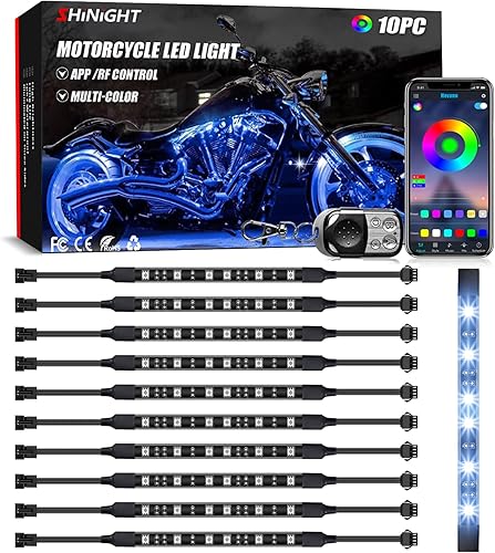 SHINIGHT Kit de 10 luces LED para motocicleta, control por aplicación, multicolor, impermeable, tira de luces LED para motocicleta con control