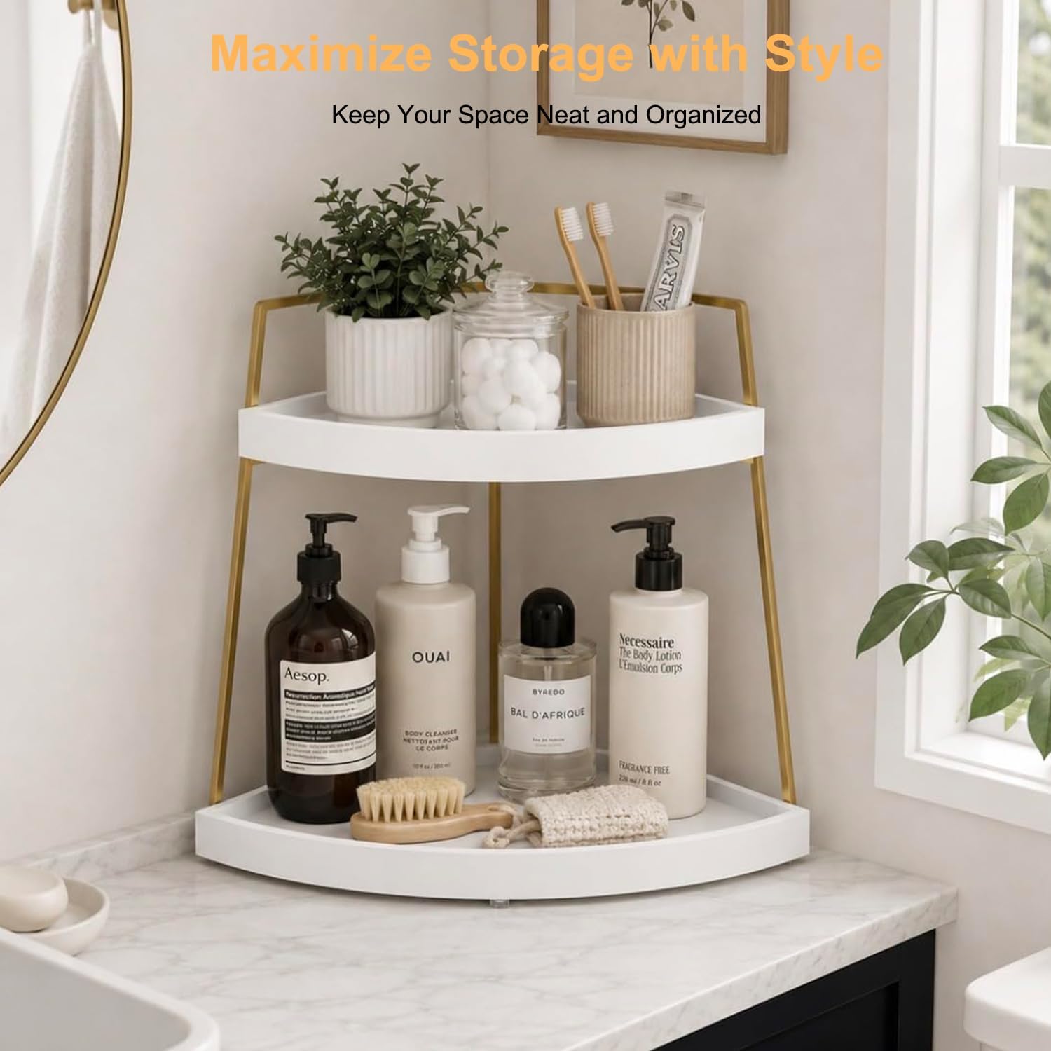 Coffee Bar Organizer for Countertop, 2-Tier Wood Coffee Corner Station, Multifunctional Coffee Bar Accessories and Organizer for Storage, White Gold Corner Condiment Rack for Kitchen, Bathroom Decor