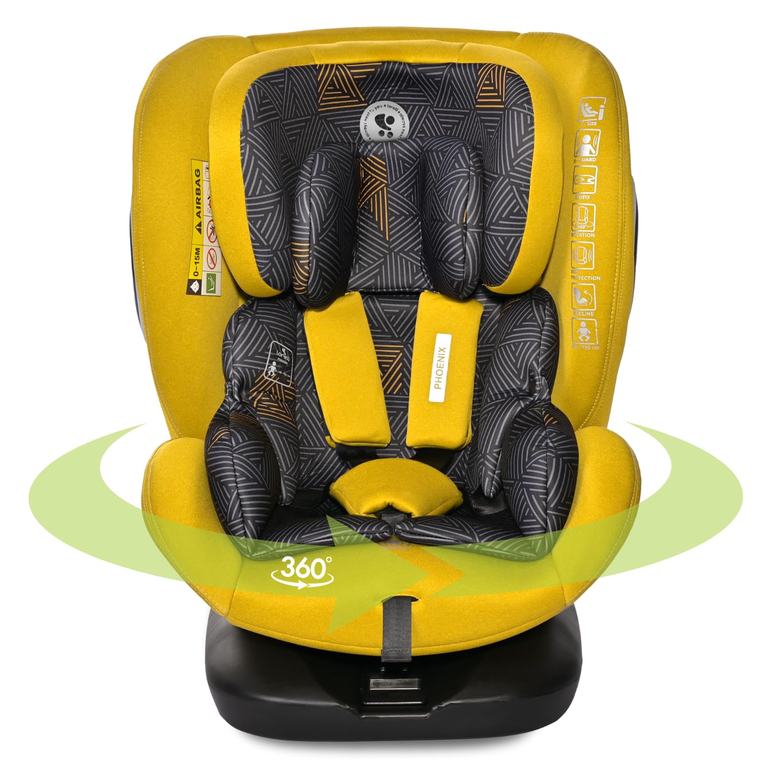Lorelli Auto Kindersitz Phoenix mit Isofix, 360 Grad drehbar, (0-36 kg) Mitwachsender Autositz i-Size 40-150cm - Gruppe 0+/1/2/3, Babysitz ab Geburt, 5-Punkt-Gurt, Einstellbare Kopfstütze, gelb