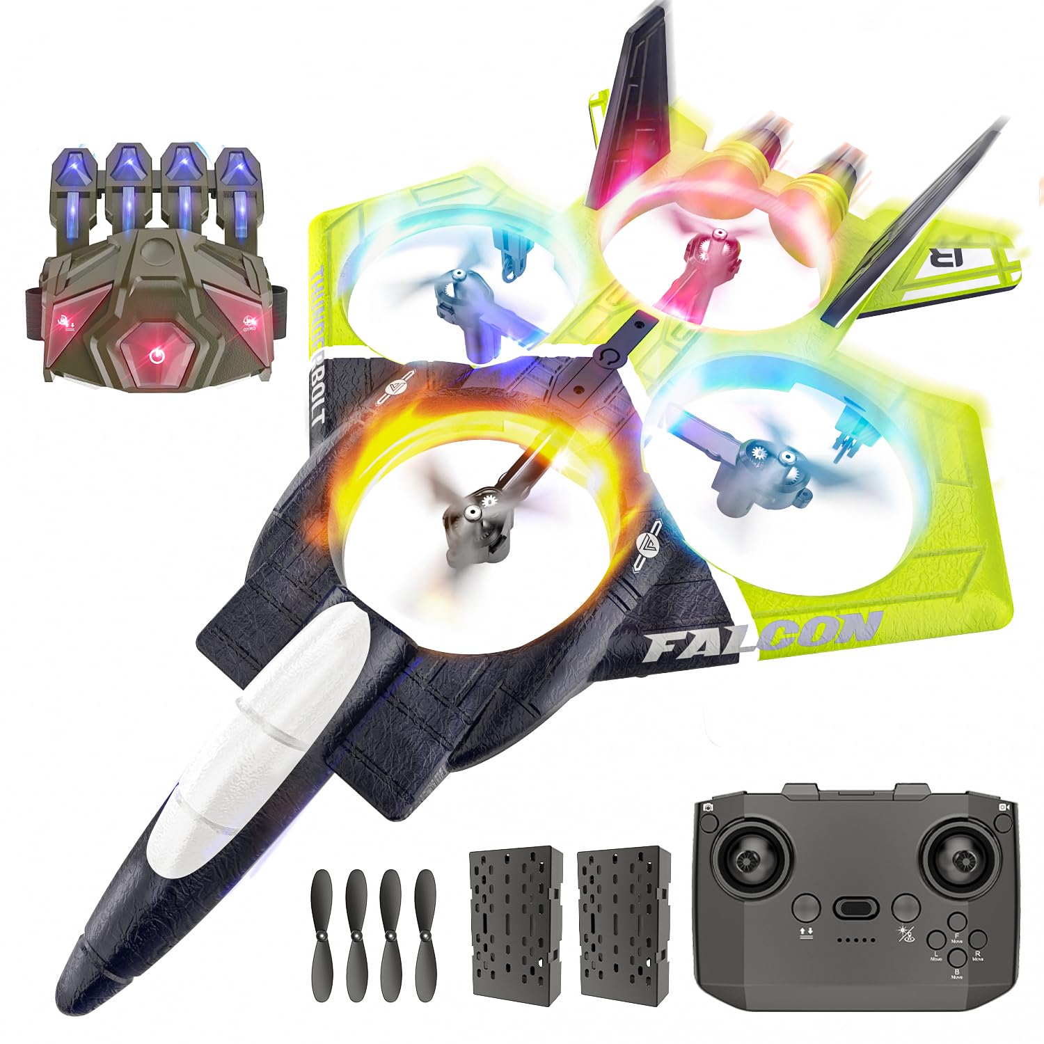 BEZGAR RC Airplane, 2.4GHZ 6-axis Gyro Remote Control Airplane, Gesture Remote Control Plane, 360° Flip Fighter Jet Toy, Toys for Ages 8-13 with Colorful LED Navigation Lights Green