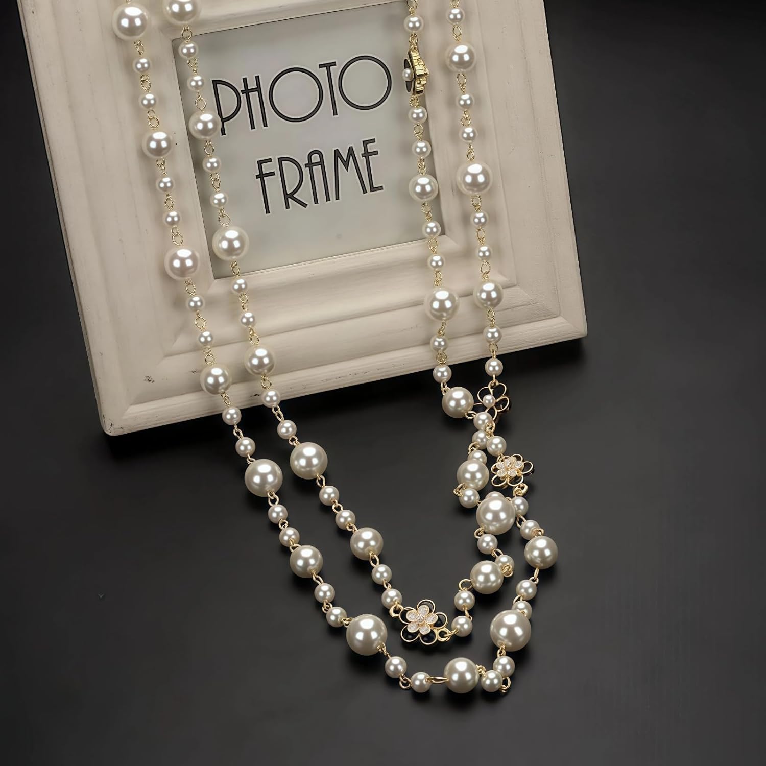 Multi-Layer Pearl Flower Necklace, Fashionable and Versatile Black and White Small Flower Decoration Long Chain, Elegant and Refined Ladies' Collarbone Chain - Image 4