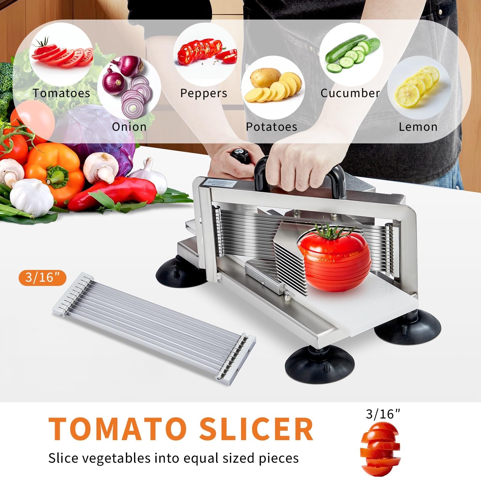 Manueller Tomatenschneider aus Edelstahl mit rutschfesten Füßen zum Schneiden von Gemüse und Obst