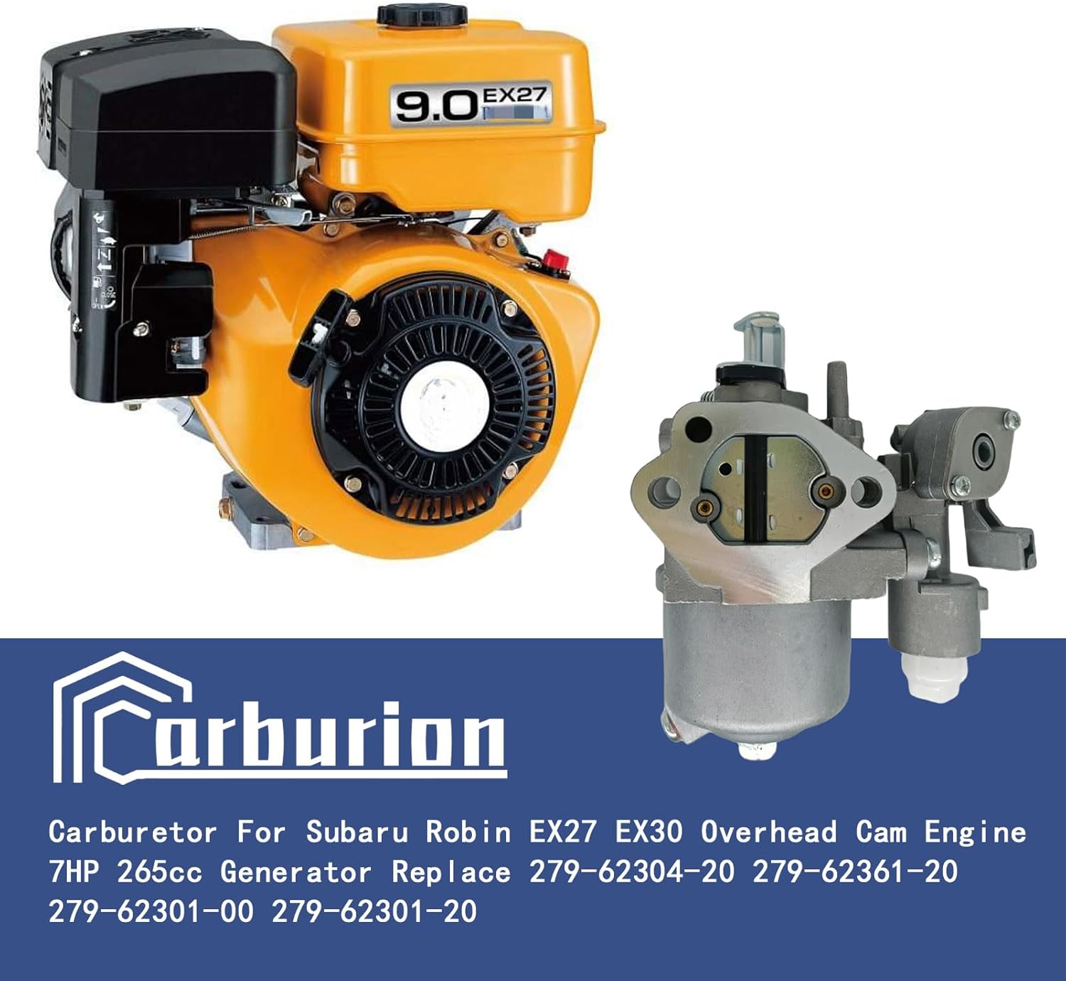 EX27 Carburetor Tune Up Kit for Subaru Robin EX27 9HP EX30 9.5HP Overhead Cam Engine 7hp 265cc Generator Silver Mikuni RGX4800 RGN5100 Carb Replace 279-62304-20 279-62361-20 279-62301-00 279-62301-20