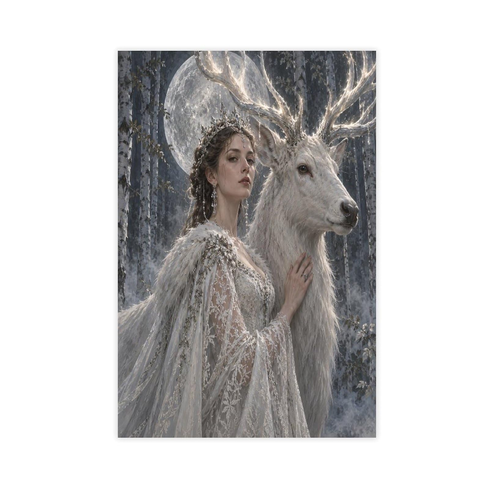 W7c8u2x3 Unframe-Style-22 White Deer Woman Canvas Wall Art, Ethereal Winter Dorm Room