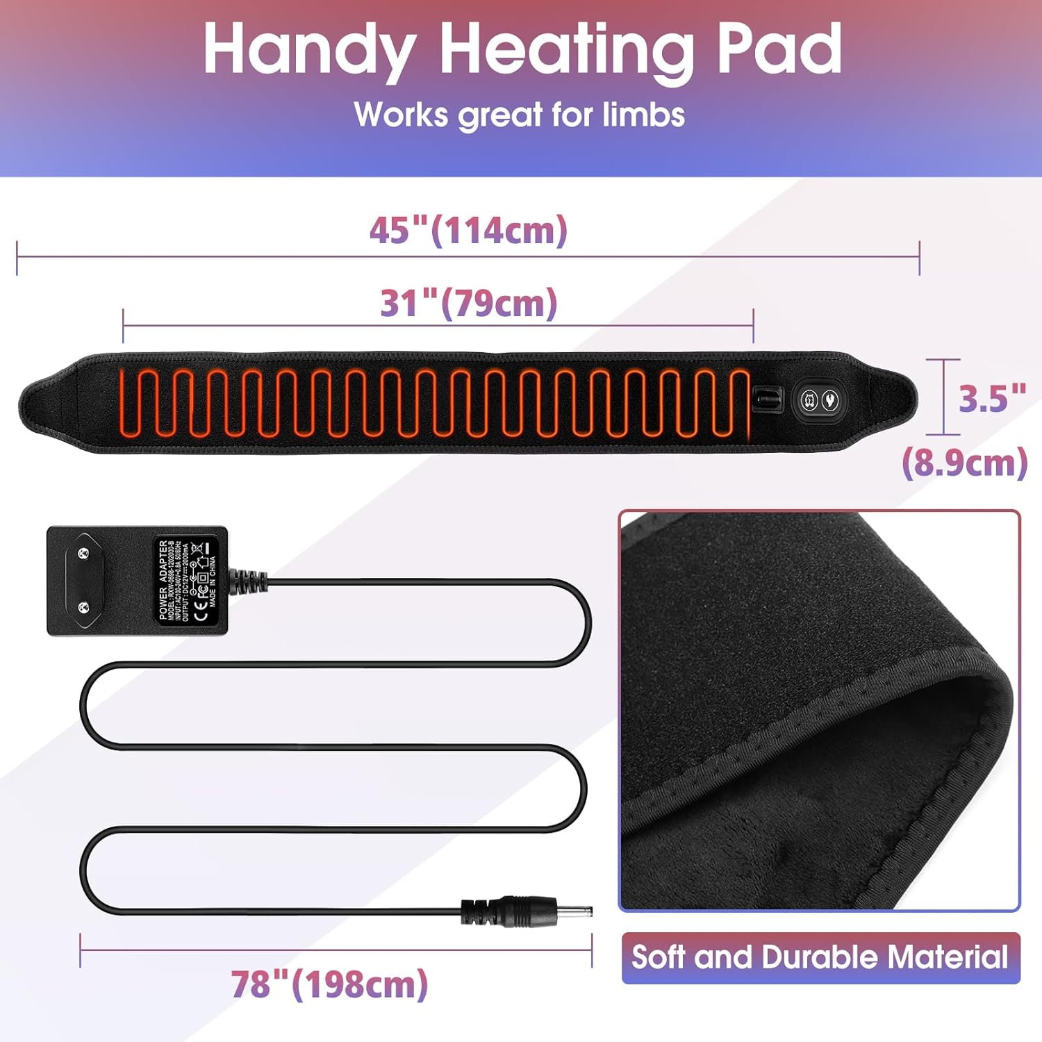 Diagram showing the dimensions of the heating pad wrap and its power cord, along with the power adapter.