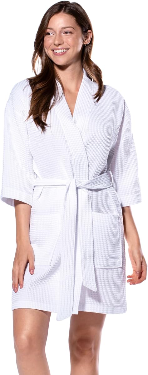 Turquaz Bata Corta Ligera para Mujer Albornoz tipo Kimono tipo Waffle: mezcla de algodón suave, de secado rápido y duradera