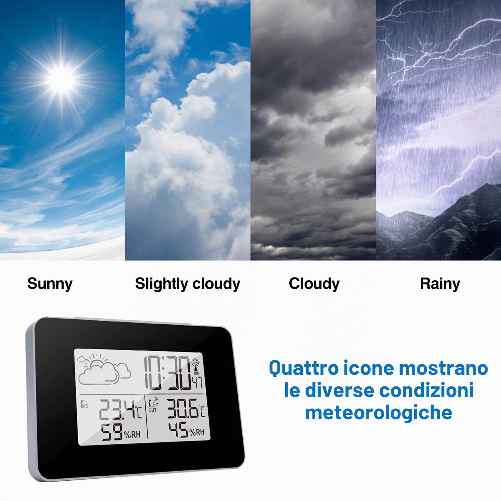 eMylo Stazione Meteo Radio con sensore Esterno, Termometro Digitale LCD Ambiente Interno Esterno - Igrometro Umidità con Retroilluminazione e Previsioni Meteo per Casa Camera da letto Giardino