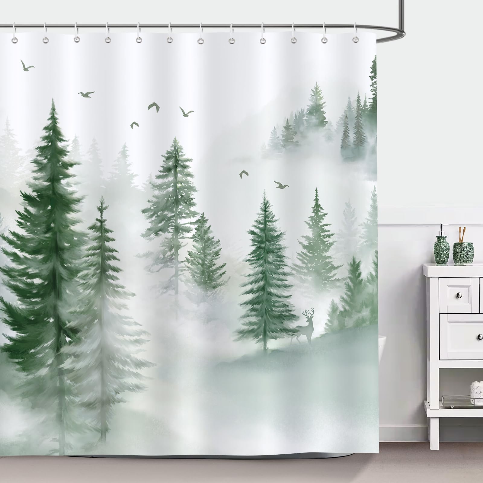 Bonhause Cortina de Ducha Bosque Brumoso Niebla Verde Árbole Mystic Natural Cortina de Baño de Poliéster Impermeable Antimoho Lavable Cortina Ducha 180 x 180 cm con 12 Ganchos