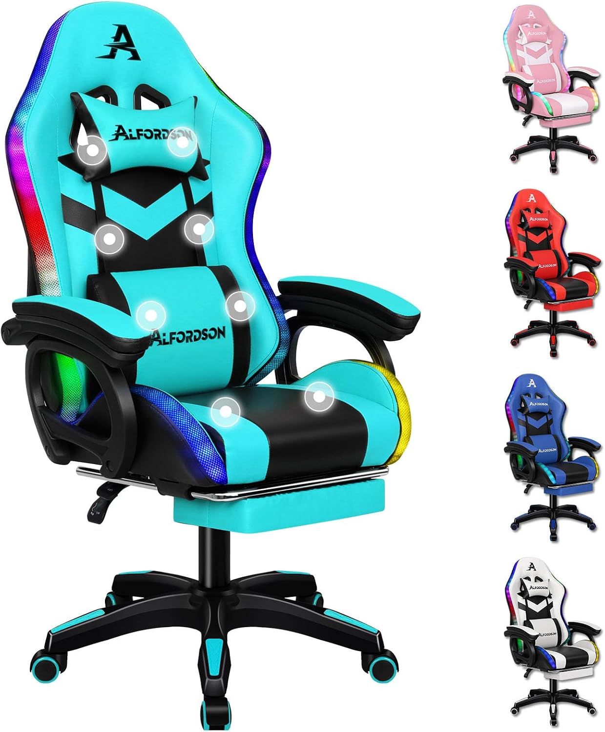 ALFORDSON RGB LED Gamer Chair Massage Gamer Chairs Racing PC Gaming Chair Office Chair Ergonomic Desk Chair Footrests 180 kg Load Capacity 90-150  Tilt Angle Cyan