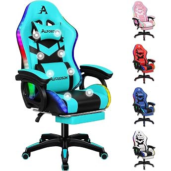 ALFORDSON RGB LED Gamer Chair Massage Gamer Chairs Racing PC Gaming Chair Office Chair Ergonomic Desk Chair Footrests 180 kg Load Capacity 90-150  Tilt Angle Cyan