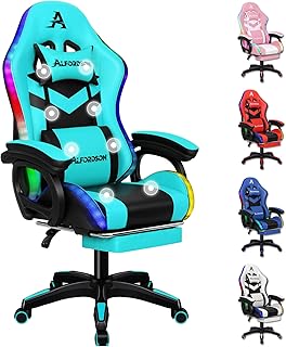 ALFORDSON Gaming Stuhl, Racing Gamer Stuhl mit LED RGB Beleuchtung, Massaging Computersessel mit Fußstütze, Ergonomischer Drehstuhl mit hebelbetätigter Rückenlehne, Cyan