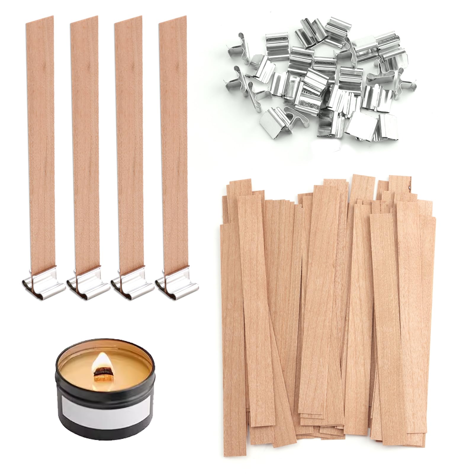 60 Pcs Candle Wicks, 13x130mm Wood Candle Wicks for Making Candles, Natural Wooden Wicks with 30 Iron Stands, DIY Scented Candle Craft Supplies, Trimable for Custom Length, Eco-Friendly, Smokeless