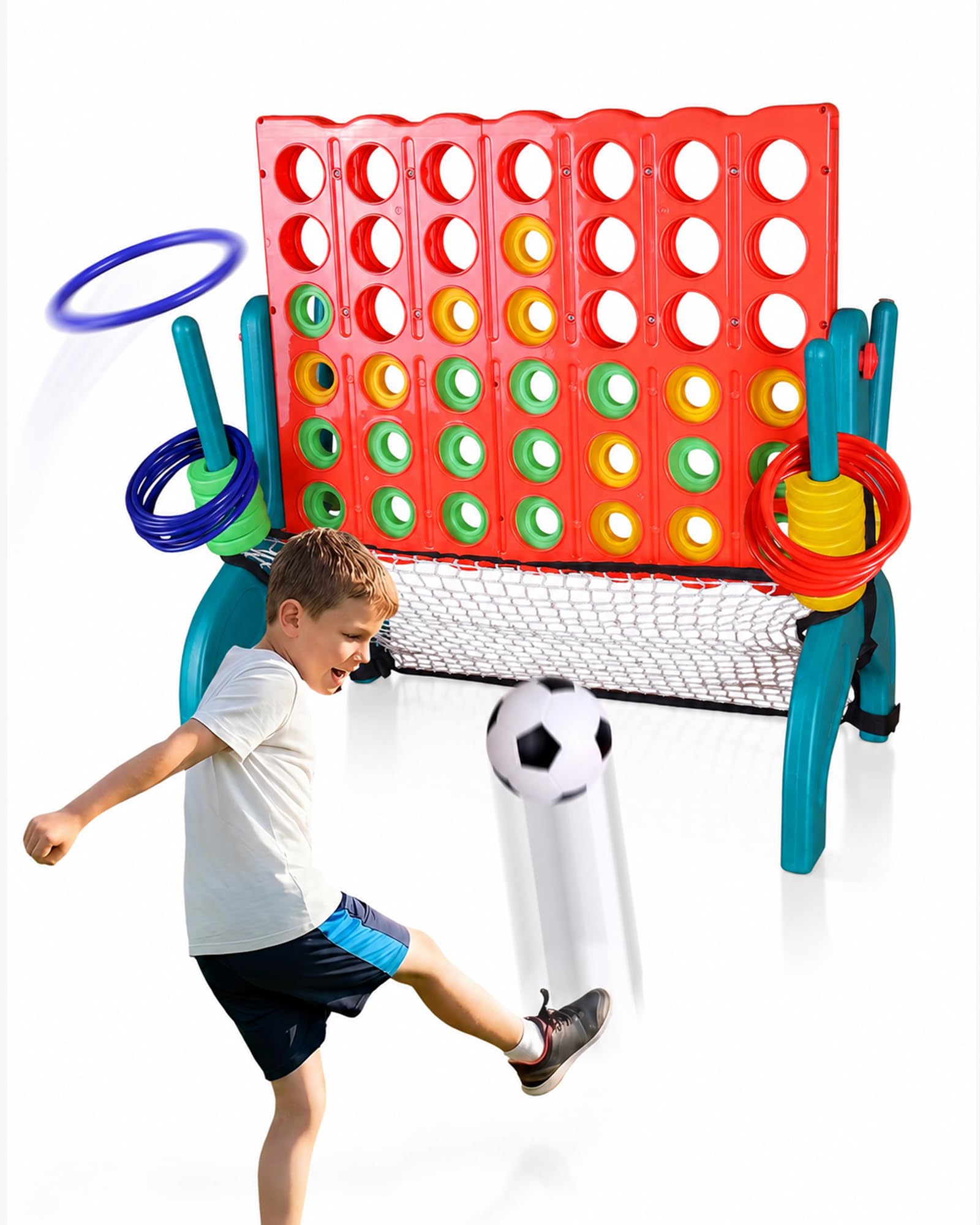 3 in 1 Giant Connect 4 Outdoor Game with Carry Bag, Large 4 in a Row Garden Game for Kids and Families with Ring Toss, Football Play and Pump, Portable Toy for Garden, Beach, Picnic and Camping