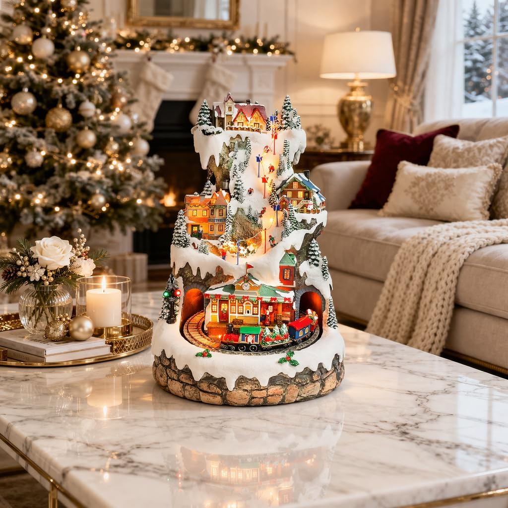MOMENTS IN TIME Animated Ski Resort Mountain Christmas Village 20.5”H LED Lights, Music & Moving Train Hand-Painted Holiday Decoration with Power Adapter image 2