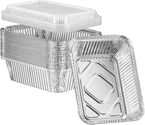 GUSTO 5 lb - 25 unidades de sartenes desechables de aluminio con papel de aluminio y tapas de domo transparente, sartenes para llevar de 6x9