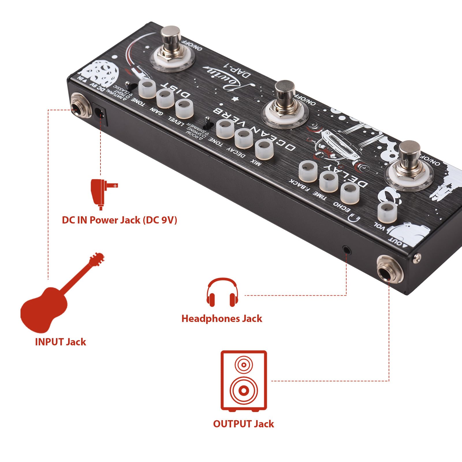 Pedal de Efectos múltiples para Guitarra 3 en 1, retardo/verbo oceánico/distorsión, Carcasa de aleación de Aluminio con función True Bypass, Pedal de Efecto de Guitarra eléctrica portátil