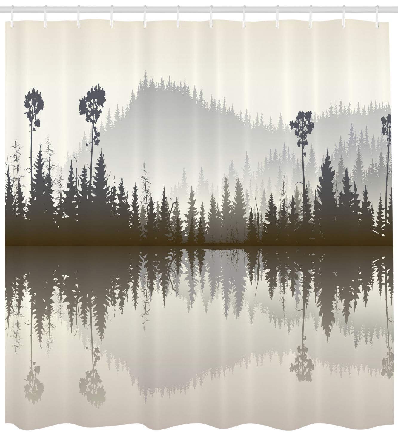 ABAKUHAUS Forest Shower Curtain, Misty Northern Nature Jungle with Hills and River at Dusk Water Reflection - Image 2