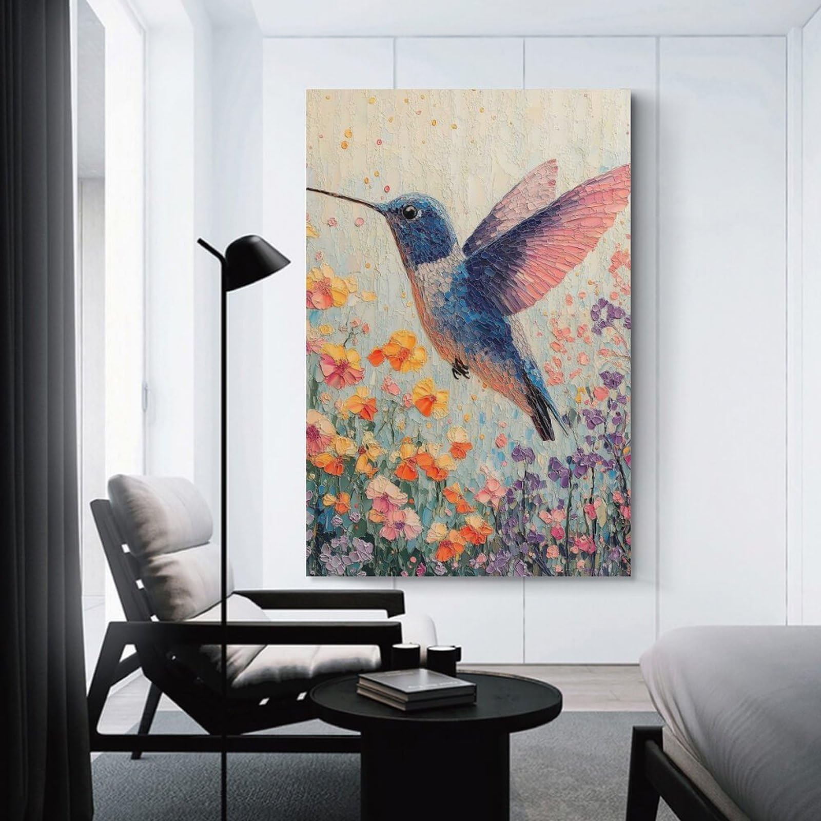 Junmoney Hanging Wall Art Hummingbird in A Field of Flowers, 24x36inch(60x90cm), for Wall Displays, Bedrooms Or Room Updates, Decorative Artwork with Flexible Styling