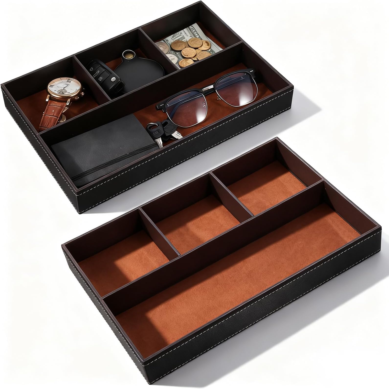 Caeuiciw 2 Pieces Faux Leather Valet Tray for Men, Stackable Jewelry Trays for Drawers, Mens Dresser Top Organizer for Key, Wallet, Sunglass, Watch, Coin, Phone, Nightstand Bedside Tray Brown