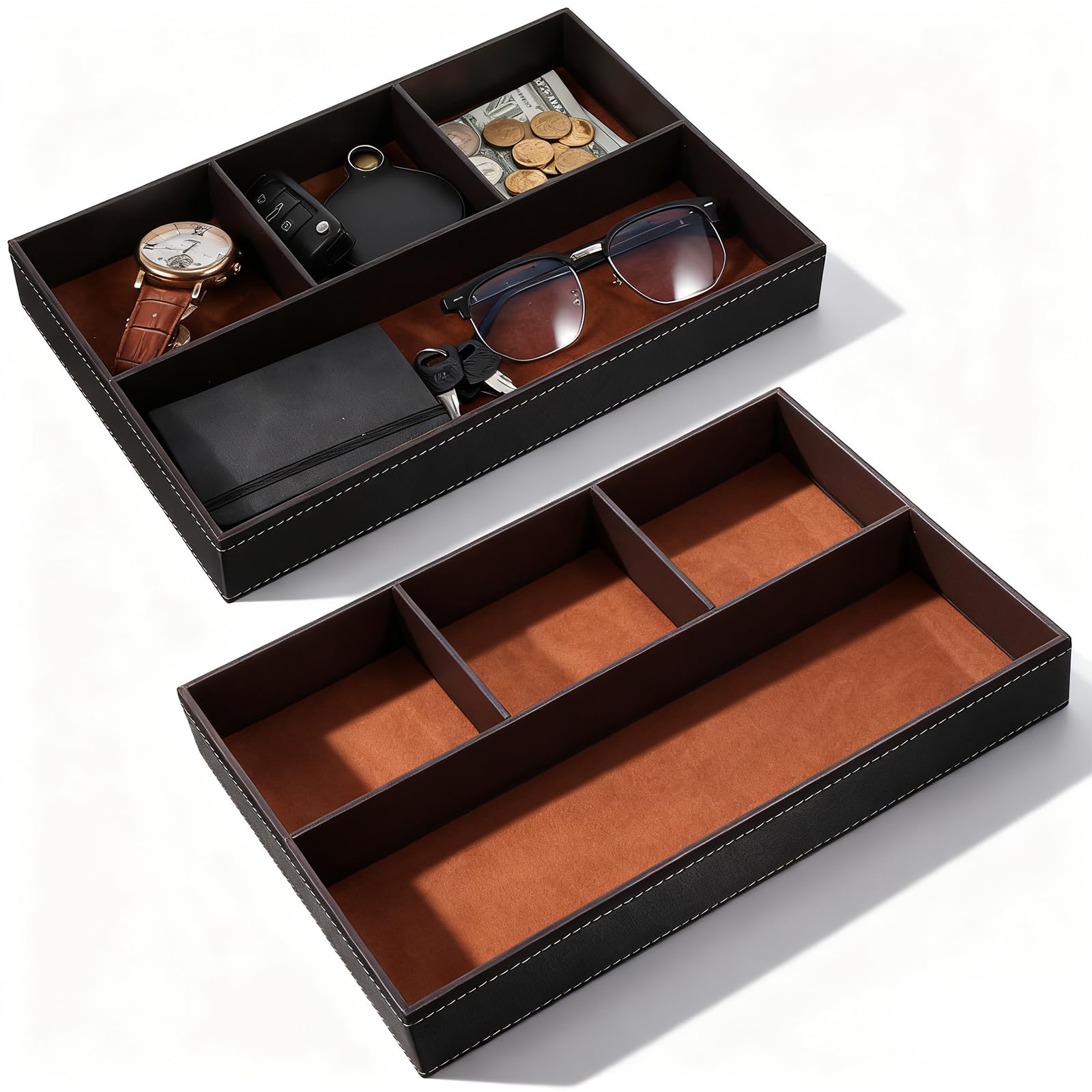 2 bandejas de cuero sintético para hombre, bandejas apilables para joyas, cajones y organizador superior para llaves, cartera, gafas de sol, reloj, monedas, teléfono, mesita de noche, color