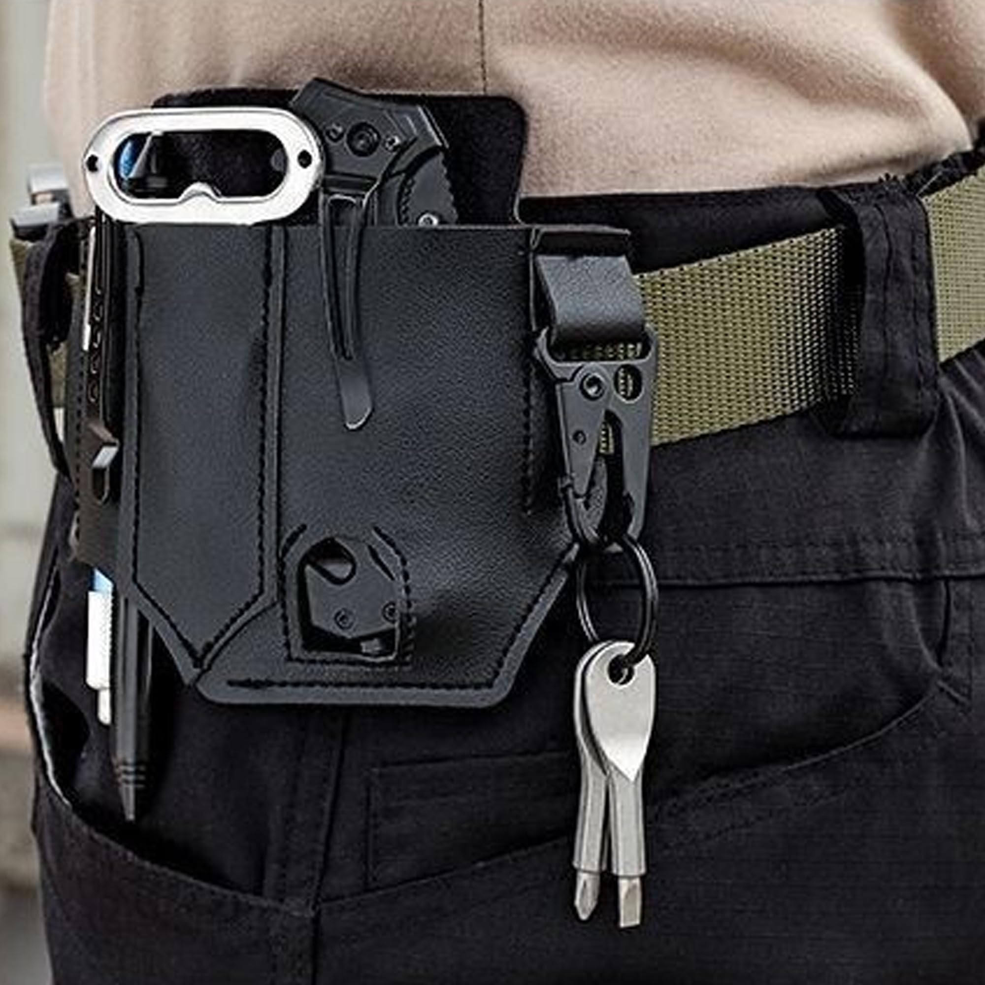 Organisateur de Gaine en Cuir EDC, Gaine Multifonction Taille Boucle de Ceinture avec Porte-clés, Organisateur de Poche avec Porte-Stylo, Gaine de Lampe de Poche, Outils de Camping en Plein air