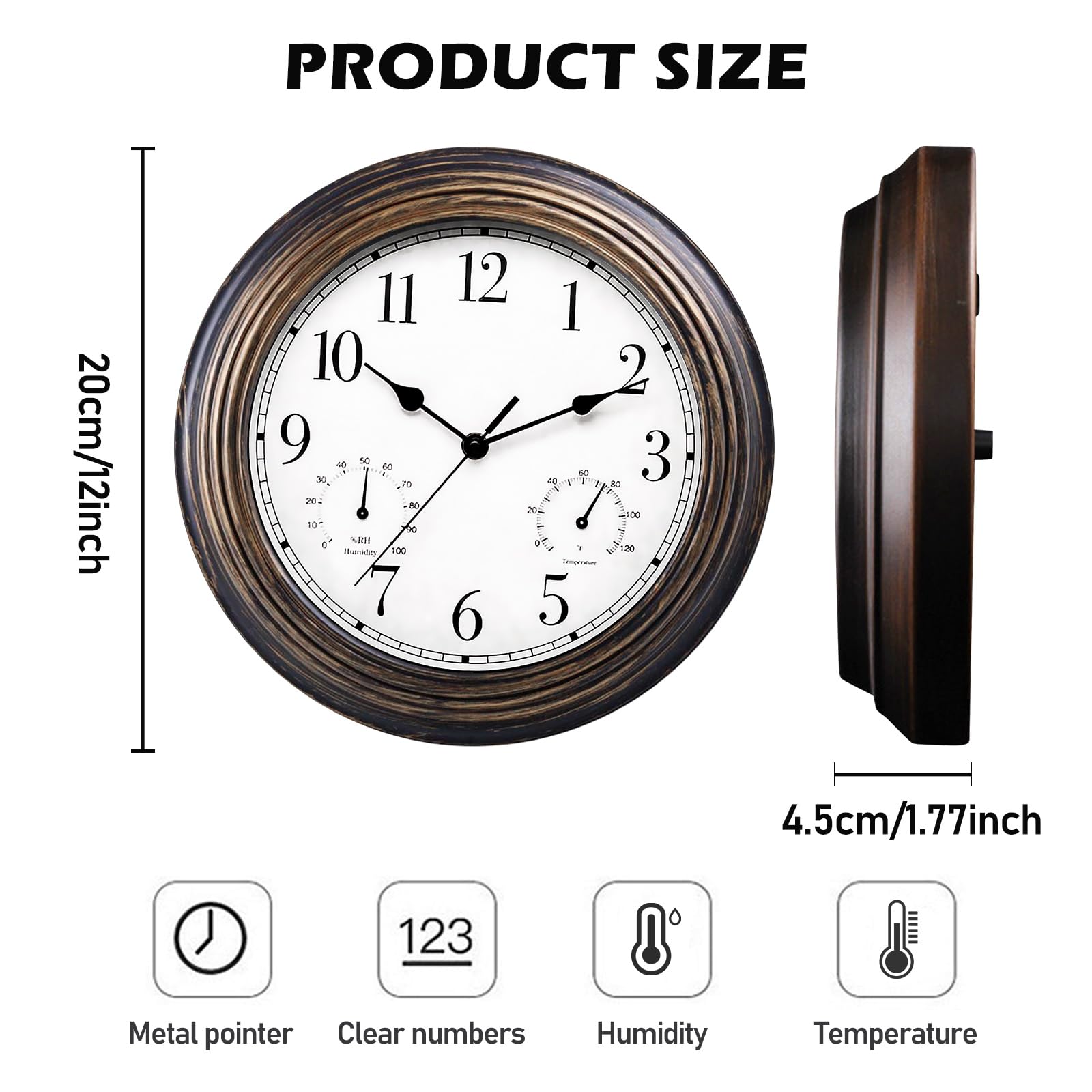 BORDEAG 12 Zoll Außenwanduhr mit Temperatur & Feuchtigkeit, wasserdichte Außenuhren mit Thermometer Hygrometer - Lautlose Wanduhr für Garten Balkon Küche Schlafzimmer (30cm Schwarz)