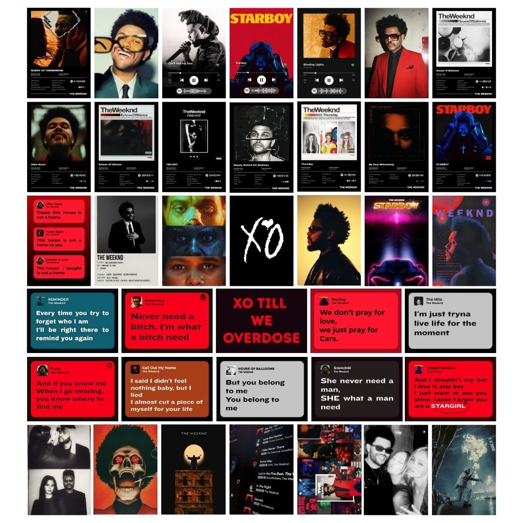 the weeknd poster (set of 40) | the weeknd mini posters (15 x10 cm) | mini posters of the weeknd's songs for wall, bedroom, living room | glue dots included