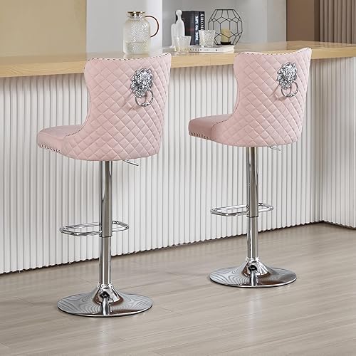 Miniatura 35 de Juego de 4 taburetes de bar giratorios ajustables de terciopelo con respaldo copetudo, ribete de cabezas de clavos y anillo de tracción, sillas de