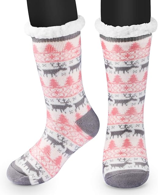 RenFox Slipper Socks, Winter Ladies Non Slip, Winter Cotton socks Sloth Fleece Lined Slipper Socks, Soft Cozy Cotton Knitted Sock for Women Girls Christmas Xmas Gift Indoor, UK size 3-7
