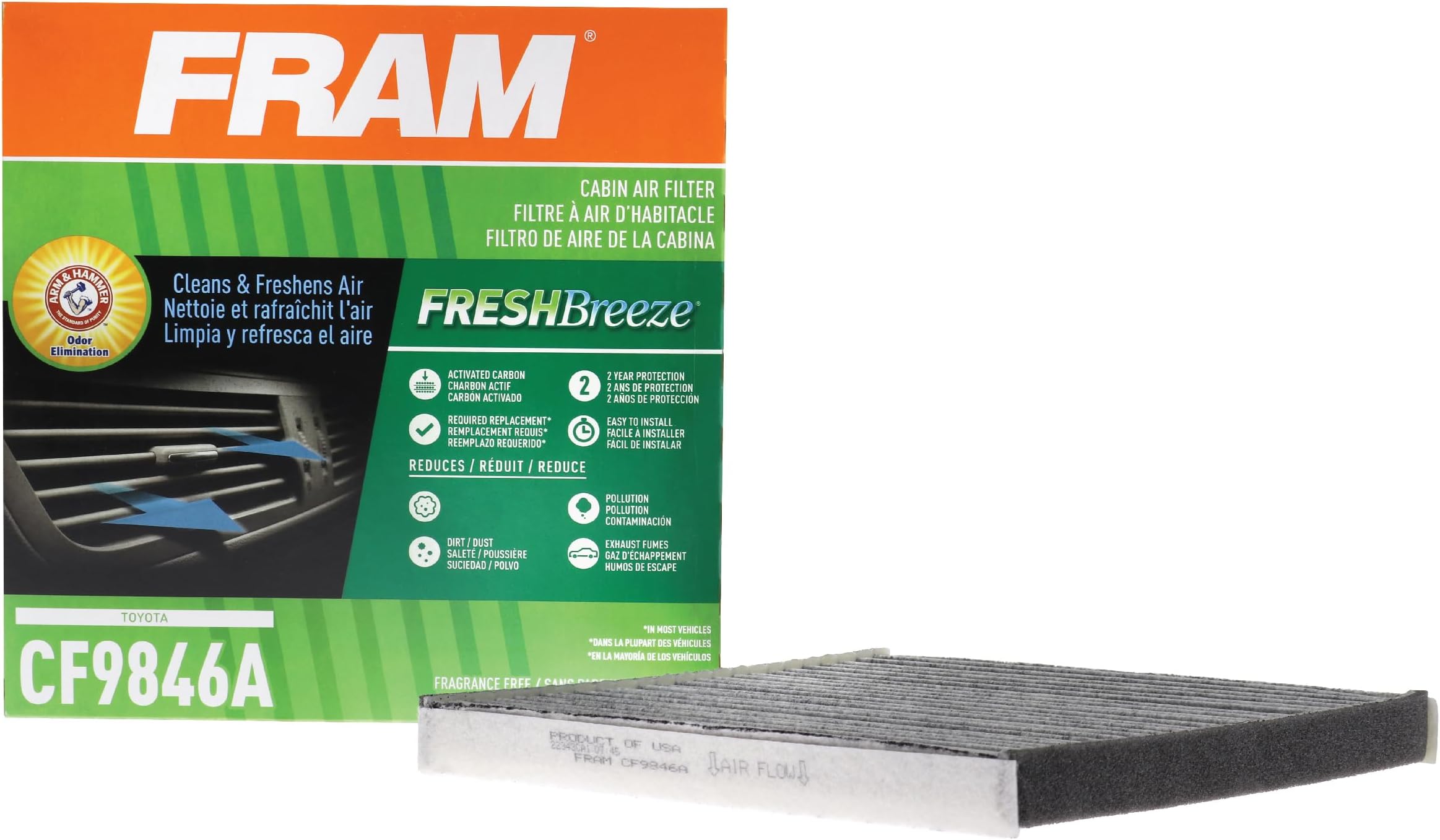 FRAM Fresh Breeze Cabin Air Filter Replacement for Car Passenger Compartment w/ Arm and Hammer Baking Soda, Easy Install, CF9846A for Subaru and Toyota Vehicles