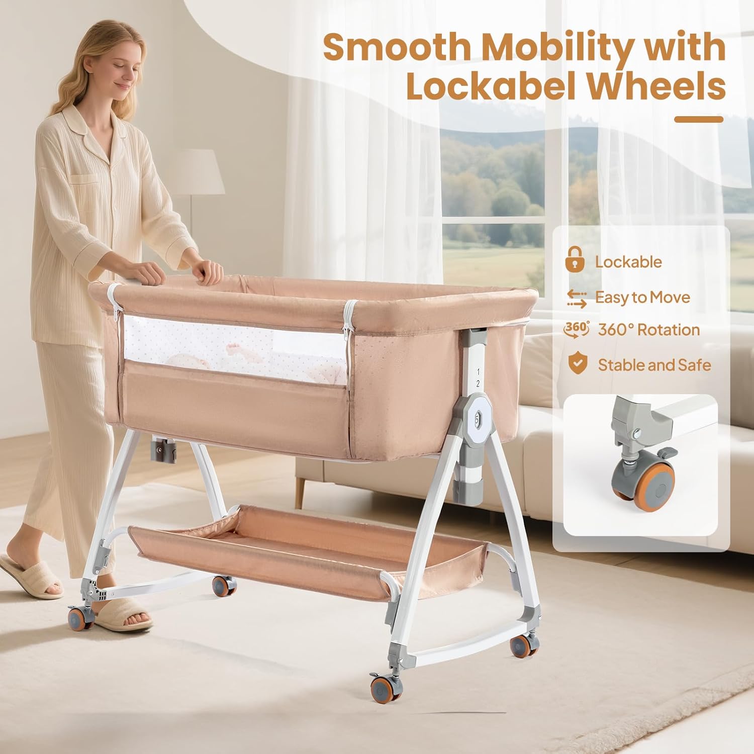 JOYMOR 3 in 1 Baby Bassinet, Bedside Bassinet for Baby, with Comfy Mattress and Wheels, 6 Height Adjustable Easy Folding Portable Bedside Crib for Newborn (Beige)