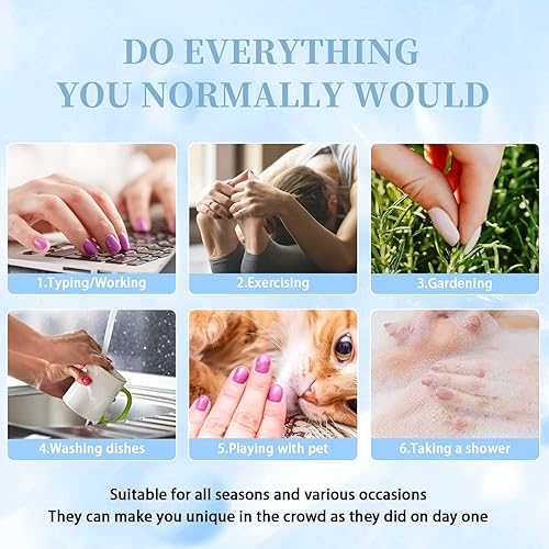 Miniatura 6 de Xcrear - Juego de uñas postizas a presión francesas blancas con purpurina, uñas medianas y con pegamento, uñas postizas medianas y falsas, uñas