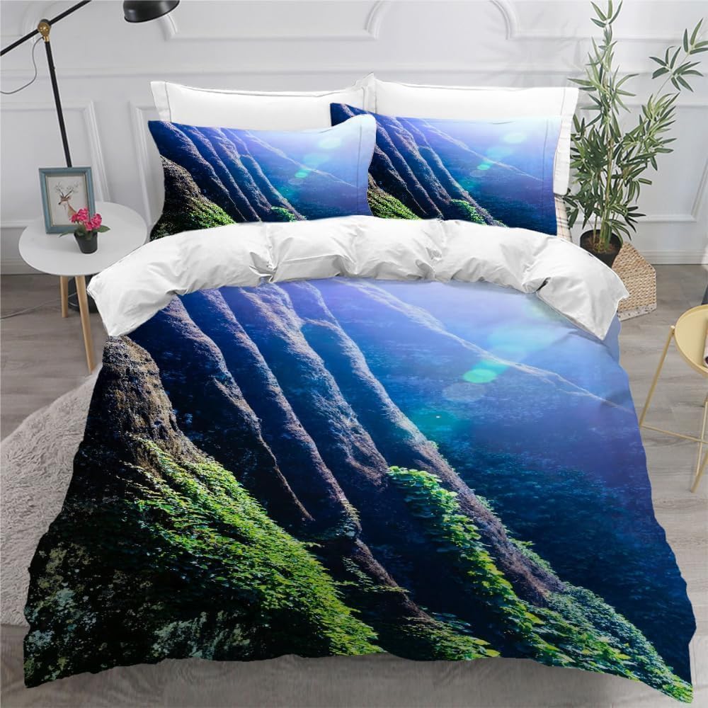 Berge Pościel 220 x 240 cm, 3-częściowa, poszwa na kołdrę 220 x 240 cm, naturalny krajobraz, druk 3D, zestaw pościeli z miękkiej mikrofibry z zamkiem błyskawicznym i 2 poszewkami na poduszkę 80 x 80