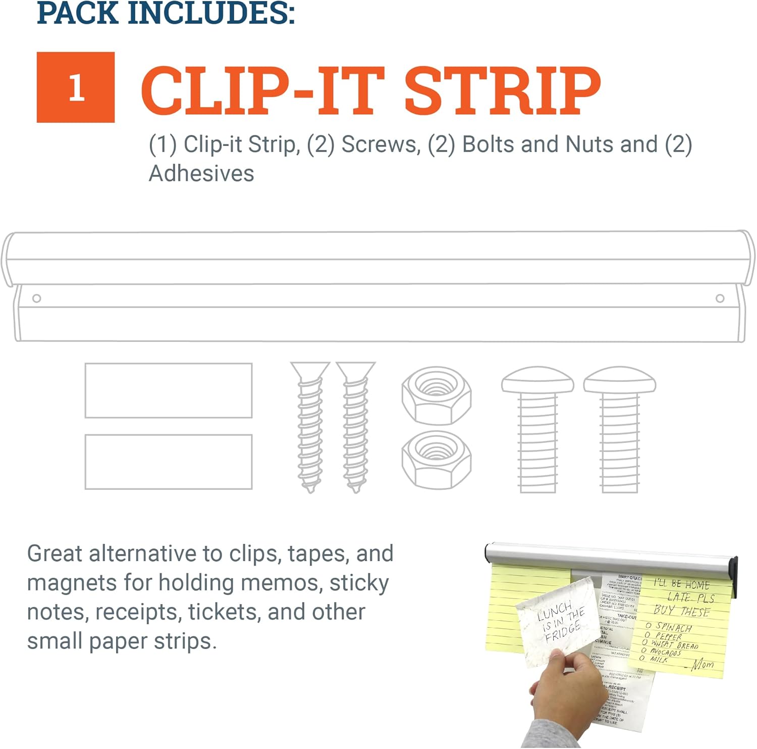 PHS Clip It Strip Hanging System - 11 1/2" Aluminum Ticket Holder for Restaurant Orders, Ticket Rail or Chart Paper Holder for Home, Office, and Kitchen - Wall Mount for Drywall and Plaster