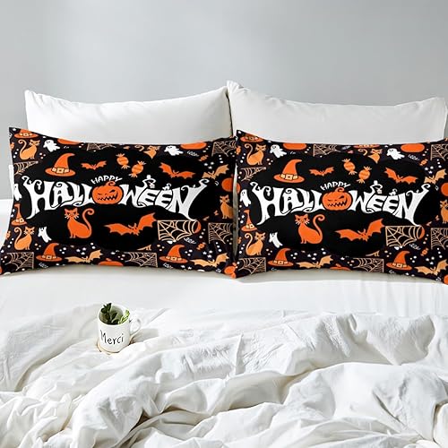 Miniatura 5 de Decoración de Halloween, funda de edredón matrimonial, funda de edredón de calabaza fantasma, gato, telaraña, murciélago, juego de ropa de cama para