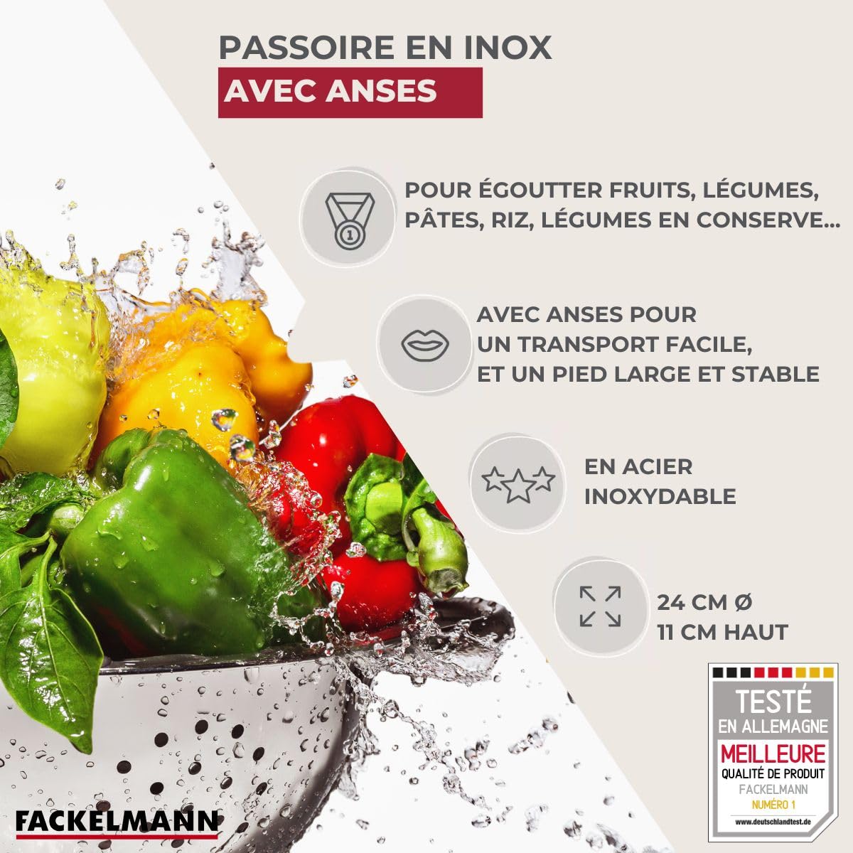 Fackelmann Passoire INOX Acier Inoxydable 24 x 11 cm Argenté